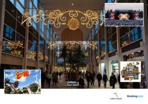 un collage de fotos de un centro comercial con una lámpara de araña en Esmae Homes, en Milton Keynes