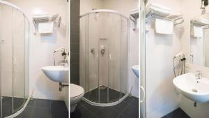 2 fotografías de un baño con ducha y lavabo en DREAM Hotel Kyiv, en Kiev