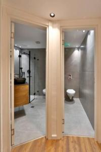 een badkamer met een douche, een toilet en een wastafel bij 2Bedroom Suite with balcony ShenkinHotel in Tel Aviv