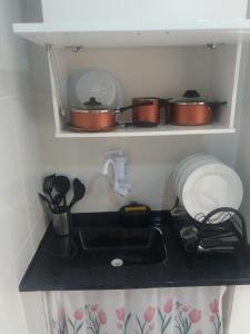 um balcão de cozinha com panelas e frigideiras numa prateleira em Lofts da Monica no Rio de Janeiro