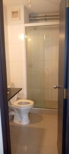 a bathroom with a toilet and a glass shower door at Tranquilidad, Rincón Vivaldi in Vila El Carmen