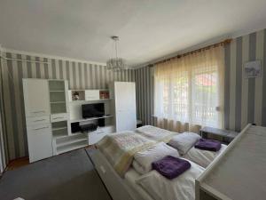 シオーフォクにあるHoliday home in Siofok/Balaton 19801のベッドルーム1室(紫色の枕が付いたベッド1台付)