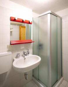 a bathroom with a sink and a glass shower at tHE Mountain View Lodge in Courmayeur