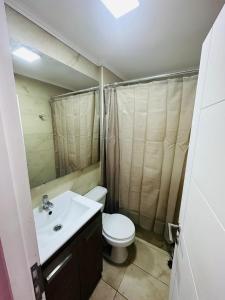 a small bathroom with a toilet and a sink at Casa Park, CASA COMPLETA con 3 habitaciones, AIRE ACONDICIONADO Y CALEFACCION SPLIT, 2 BAÑOS Y ESTACIONAMIENTO PRIVADO A 5 MINUTOS DE BY PASS A SANTIAGO Y A 5 MINUTOS DEL HOSPITAL in Rancagua