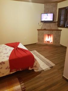 a bedroom with a fireplace with a television above it at Chalé mirante da colina in Visconde De Maua