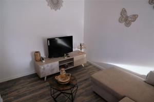 sala de estar con sofá y TV de pantalla plana en Maison au cœur du Minervois en Pouzols-Minervois
