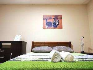 1 dormitorio con 1 cama con sábanas verdes y una foto de cebra en Nuevo Estudio Céntrico I, en Santa Cruz de la Sierra