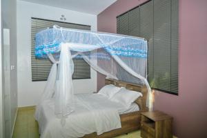 a bed with a canopy in a room with a window at Shali Hotel in Wote