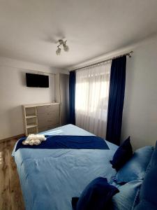 1 dormitorio con 1 cama con sábanas azules y TV en CASA RAUL, en Poiana Mărului