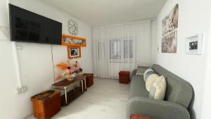 Casa Mina في بوستين: غرفة معيشة مع أريكة وتلفزيون على الحائط