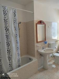 a bathroom with a sink and a bath tub and a toilet at Appartamento centro Brusson. in Brusson