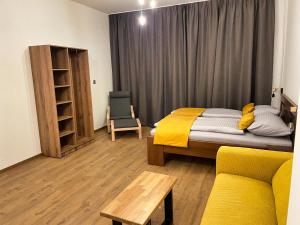a bedroom with a bed and a couch and a table at Apartment Elinel in Žilina