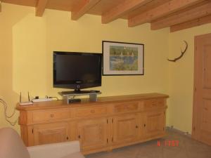 TV de pantalla plana en la parte superior de un armario de madera en Casa Martina, en Livigno