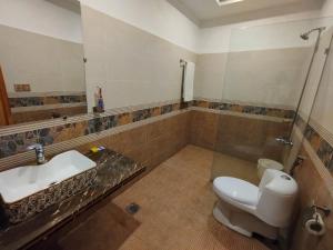 a bathroom with a toilet and a sink and a mirror at Swat Hilton Hotel by Khan Familia in Swat