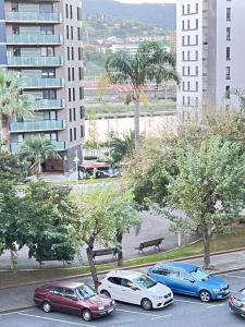 um grupo de carros estacionados num parque de estacionamento em SMALL LUX BEACHCITY CLOSE to the RIVER,METRO AND PARKING em Bilbao