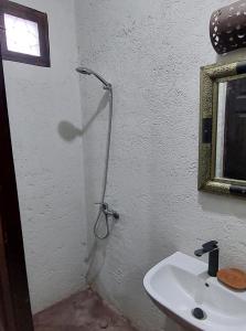 ein Bad mit einer Dusche und einem Waschbecken in der Unterkunft Riad dar idsalah in Ouirgane