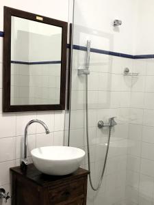 een badkamer met een wastafel en een douche met een spiegel bij Lili's - Alojamento Local in Monsanto