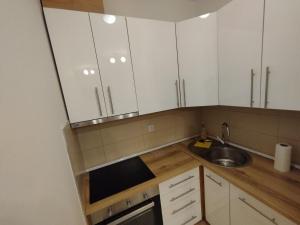 eine Küche mit weißen Schränken und einem Waschbecken in der Unterkunft Ada apartman in Banja Luka