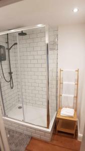 bagno con doccia e porta in vetro di Puffin Place,Lloyd House a Haverfordwest