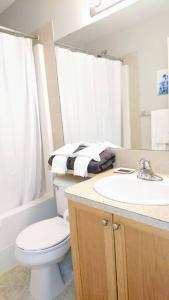 a bathroom with a toilet and a sink and a mirror at Cozy Condo at the Lake in Sylvan Lake