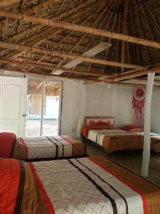 2 camas en una habitación con techo en Cabañas, Jardín De Las Palmas, Rancho Agroturístico, Tamuín S.L.P. 