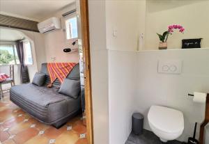 una pequeña sala de estar con sofá en una casa pequeña en NOUVEAU Cabanon Calanque de Niolon vue mer et port, en Le Rove