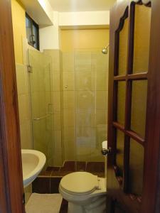 a bathroom with a toilet and a sink and a shower at Hotel Anturios in San Miguel