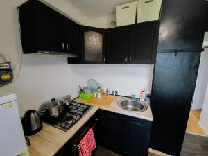 uma cozinha com armários pretos, um lavatório e um fogão em Nikodema em Kraslava