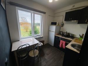 eine kleine Küche mit einem Tisch und einem Fenster in der Unterkunft Nikodema in Krāslava