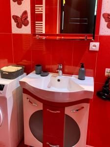 La salle de bains est pourvue d'un lavabo et d'un mur rouge. dans l'établissement Brothers, à Tbilissi