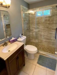 y baño con aseo, lavabo y ducha. en Cozy two bedroom home near downtown Shawnee en Shawnee