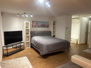 a bedroom with a bed and a flat screen tv at Ferienwohungen Akwant in Baden-Baden