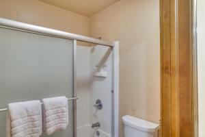 een badkamer met een douche en een toilet met handdoeken bij Brian Head Studio Condo with Balcony and Mountain View in Brian Head