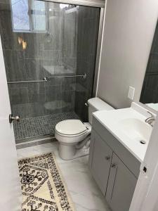 a bathroom with a shower and a toilet and a sink at Modern & Cozy 2 bedroom home near downtown Shawnee in Shawnee