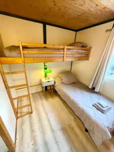 1 dormitorio con litera y escalera en Cosy Chalet au cœur du Sidobre avec Piscine et Spa, en Vabre