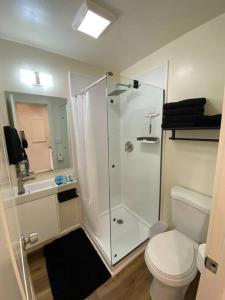 ein Badezimmer mit Toilette und Glasdusche in der Unterkunft Mini Desert Oasis at Painted Sands 3 in Hurricane