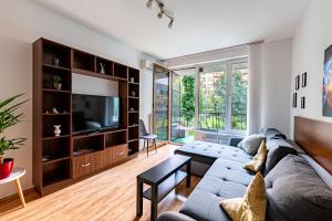 ein Wohnzimmer mit einem Sofa und einem TV in der Unterkunft Zoe apartman in Budapest