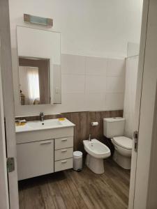 een badkamer met een wastafel, een toilet en een spiegel bij Complejo Guido in San Antonio de Areco