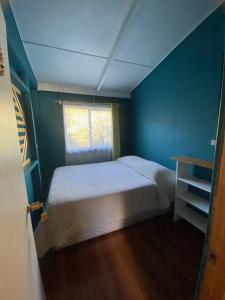 a blue bedroom with a bed and a window at Los alamos in Puerto Tranquilo