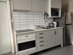 a small kitchen with a sink and a refrigerator at Napier Art House Backpackers in Napier