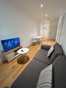 ein Wohnzimmer mit einem Sofa und einem Flachbild-TV in der Unterkunft Cozy Modern Apartment in Croydon Central in Croydon
