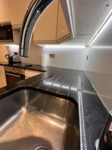 eine Küche mit einer Edelstahlspüle in der Küche in der Unterkunft Cozy Modern Apartment in Croydon Central in Croydon