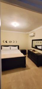 1 dormitorio con 1 cama grande y espejo en Pine Tree Entire House 2B Gated Com, en Higüey
