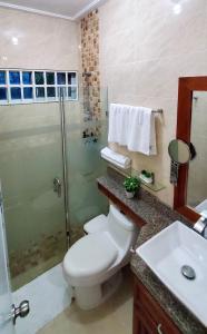 ein Bad mit einer Dusche, einem WC und einem Waschbecken in der Unterkunft Pine Tree Entire House 2B Gated Com in Higuey