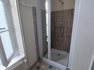 a bathroom with a shower with a glass door at Gîte charmant en Sologne : balades, pêche, visites de châteaux, animaux bienvenus - FR-1-590-100 in Villemurlin +9 photos