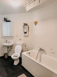 a bathroom with a toilet and a tub and a sink at Wohnen im 3 Ländereck! Essen, Mülheim, Oberhausen! BS2HL in Essen