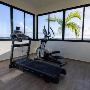 a gym with a treadmill and large windows at Mya Black Diamond 202 in Playa del Carmen