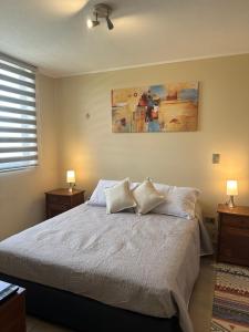 1 dormitorio con 1 cama con 2 almohadas en Departamento en Linares, en Linares