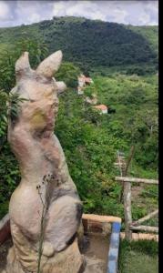 une statue d'un chat qui regarde une montagne dans l'établissement Mirante toca da raposa, à Meruoca