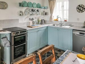 a kitchen with blue cabinets and a sink at Llys Bychan in Granston